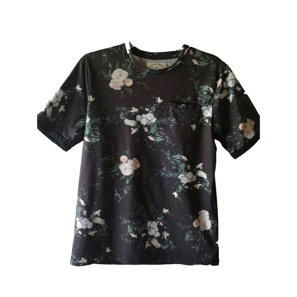 Native Code T-Shirt Men M Floral Grey & Multicolor Crew‎ Neck Boho Short Sleeve